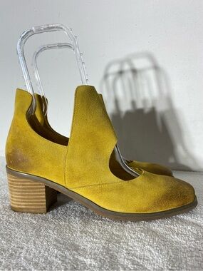 Antelope Mustard Yellow Suede Cage Cutout Round Toe Chunky Block Heel Heels 40